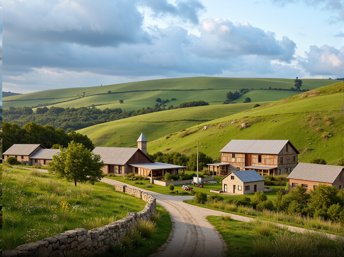 Prompt: Rustic rural landscape, rolling hills, green pastures, traditional farmhouses, wooden fences, winding dirt roads, scenic countryside views, earthenware buildings, natural stone walls, corrugated metal roofs, vintage agricultural equipment, hayfields, wildflowers, cloudy blue skies, warm soft lighting, shallow depth of field, 1/2 composition, realistic textures, ambient occlusion.