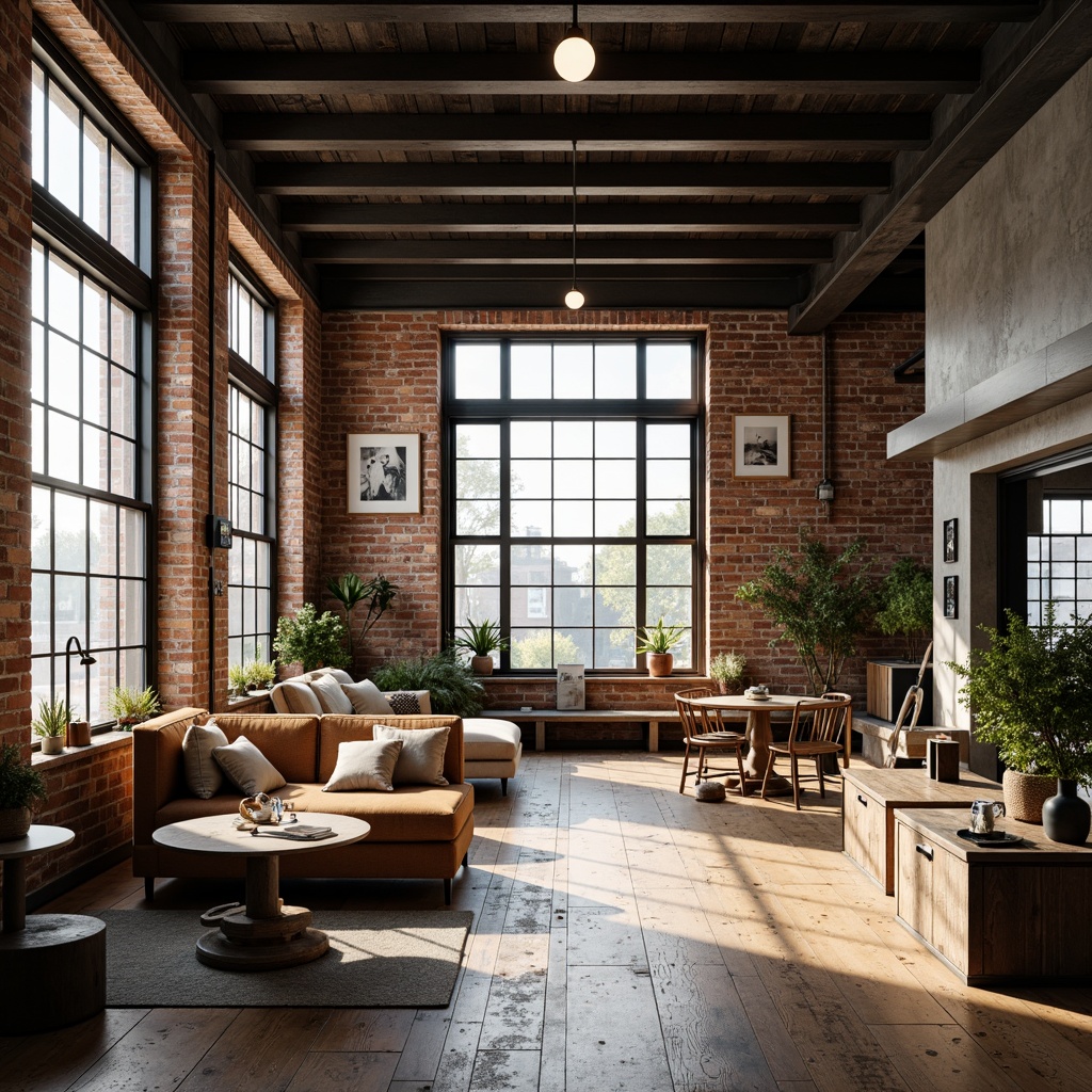 Prompt: Industrial-chic loft interior, exposed brick walls, metal beams, wooden floors, minimalist decor, urban aesthetic, natural light pouring through large windows, modern furniture with clean lines, eclectic art pieces, reclaimed wood accents, industrial-style lighting fixtures, distressed concrete surfaces, open-plan layout, functional spaces, cozy reading nooks, atmospheric warm lighting, shallow depth of field, 1/1 composition, realistic textures, ambient occlusion.