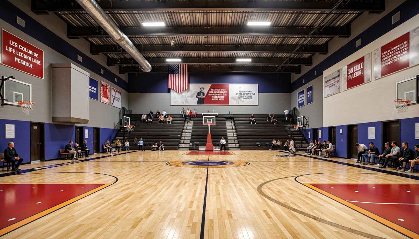 Prompt: Modern gymnasium interior, polished wooden flooring, vibrant sports court colors, acoustic ceiling panels, suspended LED lighting, metallic accents, sleek athletic equipment, motivational quotes, large mirrors, rubberized flooring, professional-grade basketball hoops, retractable bleachers, natural stone walls, industrial-style ventilation systems, high-contrast color schemes, dynamic geometric patterns, 1/2 composition, dramatic shadowing, realistic reflections.