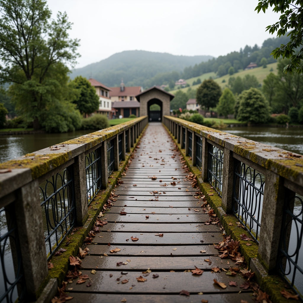 Prompt: Rustic stone bridges, ornate metal railings, worn wooden planks, moss-covered stonework, verdant foliage, tranquil river waters, rural landscapes, rolling hills, overcast skies, warm soft lighting, shallow depth of field, 1/1 composition, realistic textures, ambient occlusion, intricate organic patterns, earthy color palette, distressed metal accents, weathered wooden details.