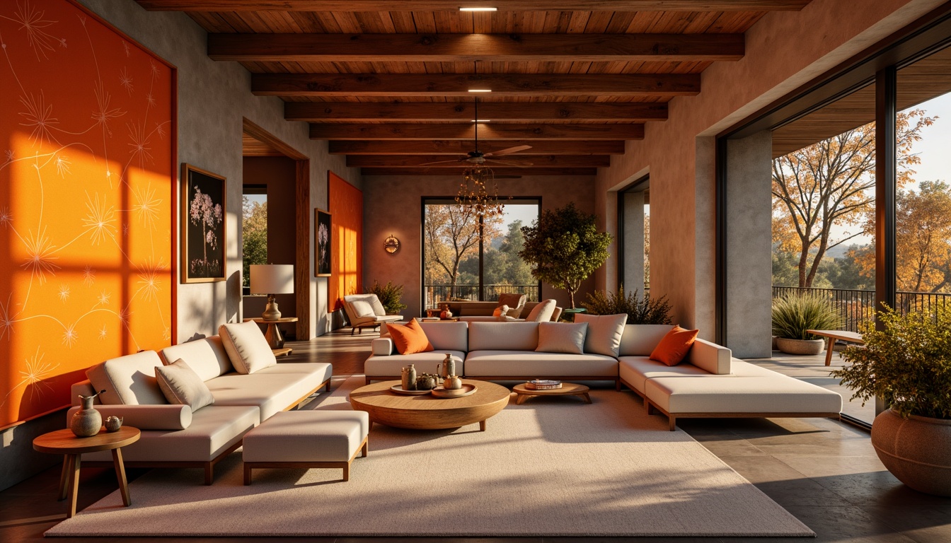 Prompt: Warm persimmon hue, earthy tone, vibrant orange accents, natural stone walls, rustic wooden beams, cozy interior spaces, autumnal leaf patterns, subtle gradient effects, soft warm lighting, shallow depth of field, 3/4 composition, panoramic view, realistic textures, ambient occlusion, modern minimalist design, sleek lines, functional furniture, comfortable seating areas, inviting atmosphere.