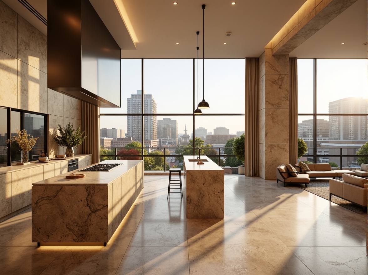 Prompt: Luxurious modern interior, polished granite countertops, warm beige tones, glossy finish, natural stone textures, sleek kitchen islands, high-gloss cabinetry, ambient pendant lighting, spacious open-plan living area, comfortable lounge seating, large windows, urban cityscape views, morning sunlight, soft shadows, 1/1 composition, realistic renderings.