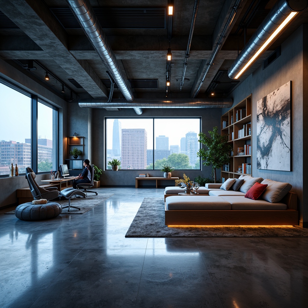 Prompt: Minimalist loft interior, high-tech gadgets, sleek metal accents, polished concrete floors, industrial chic decor, open floor plan, floor-to-ceiling windows, cityscape views, modern LED lighting, futuristic ambiance, cozy reading nooks, ergonomic furniture, smart home devices, 3D printing machines, virtual reality stations, abstract art pieces, neon color schemes, atmospheric misting systems, shallow depth of field, panoramic view, realistic textures.