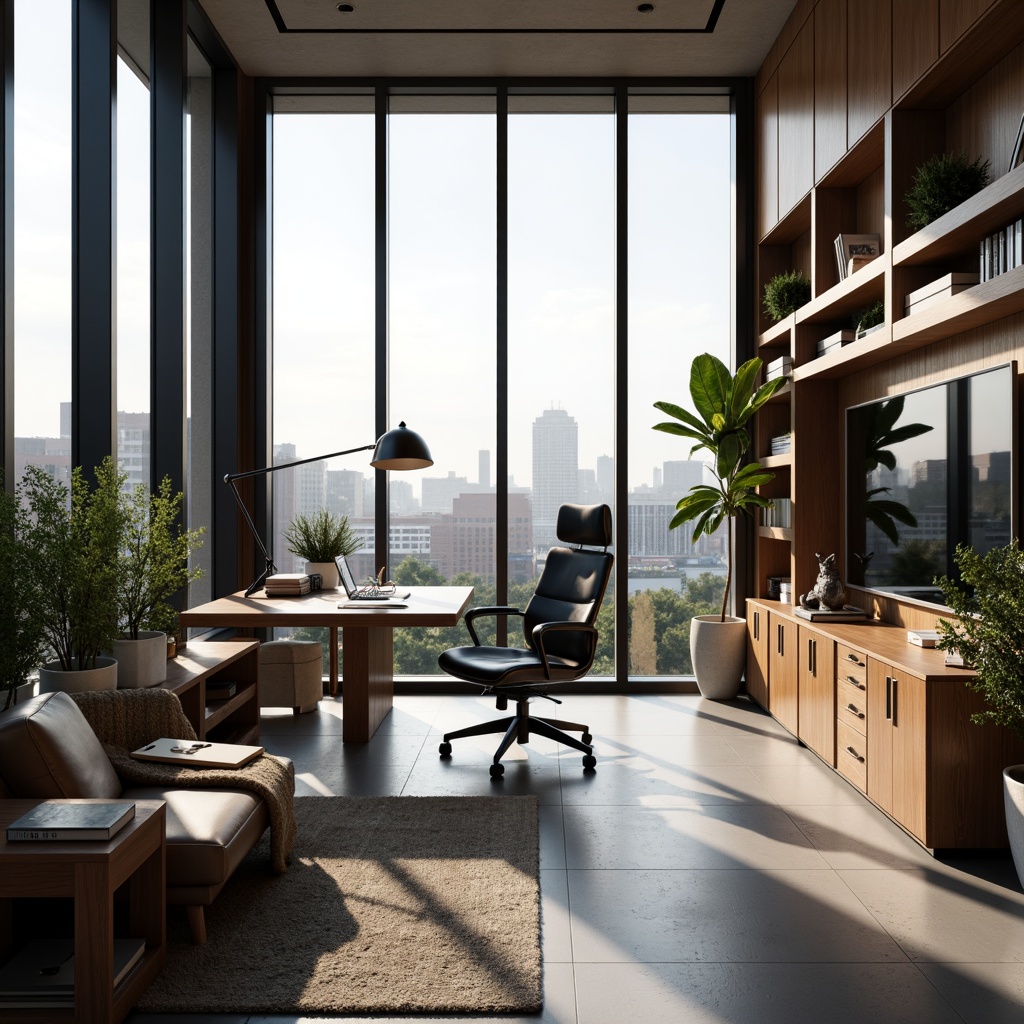 Prompt: Modern minimalist home office, ergonomic workspace, sleek wooden desk, comfortable leather chair, ample natural light, floor-to-ceiling windows, urban city view, organized shelving units, hidden storage compartments, metallic accents, geometric patterns, 3D textures, softbox lighting, shallow depth of field, 2/3 composition, atmospheric perspective, realistic reflections.