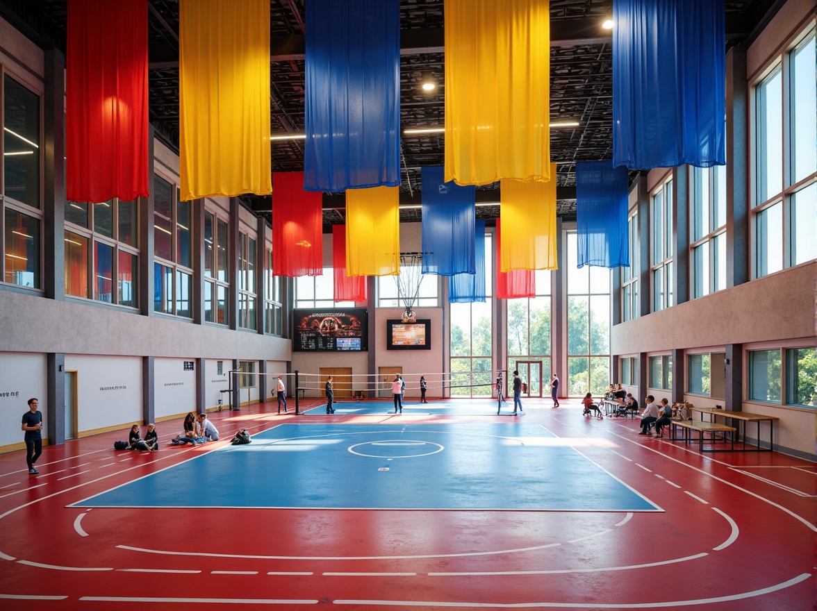 Prompt: Vibrant sports hall, dynamic textile installations, bold color schemes, acoustic panels, sound-absorbing materials, ergonomic seating, athletic track surfaces, basketball court markings, volleyball nets, gymnastics equipment, climbing walls, mirrored walls, LED lighting systems, high-ceiling architecture, modern minimalism, open spaces, natural ventilation, abundant daylight, panoramic views, shallow depth of field, 3/4 composition, realistic textures.