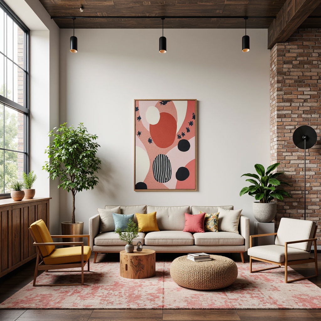 Prompt: Vibrant design studio, eclectic furniture, bold artwork, pastel color accents, creamy whites, rich wood tones, metallic gold fixtures, natural textiles, industrial lighting, modern abstract patterns, shallow depth of field, 1/1 composition, warm soft focus, realistic materials, ambient occlusion.