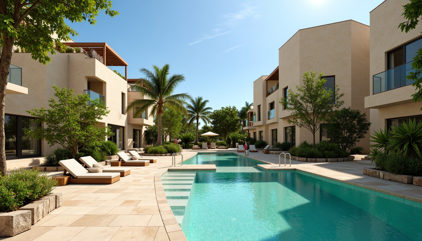 Prompt: Vibrant turquoise pool water, warm beige concrete decks, lush green tropical plants, wooden poolside furniture, natural stone accents, modern angular architecture, sleek glass railings, sunny day, soft warm lighting, shallow depth of field, 3/4 composition, panoramic view, realistic textures, ambient occlusion.