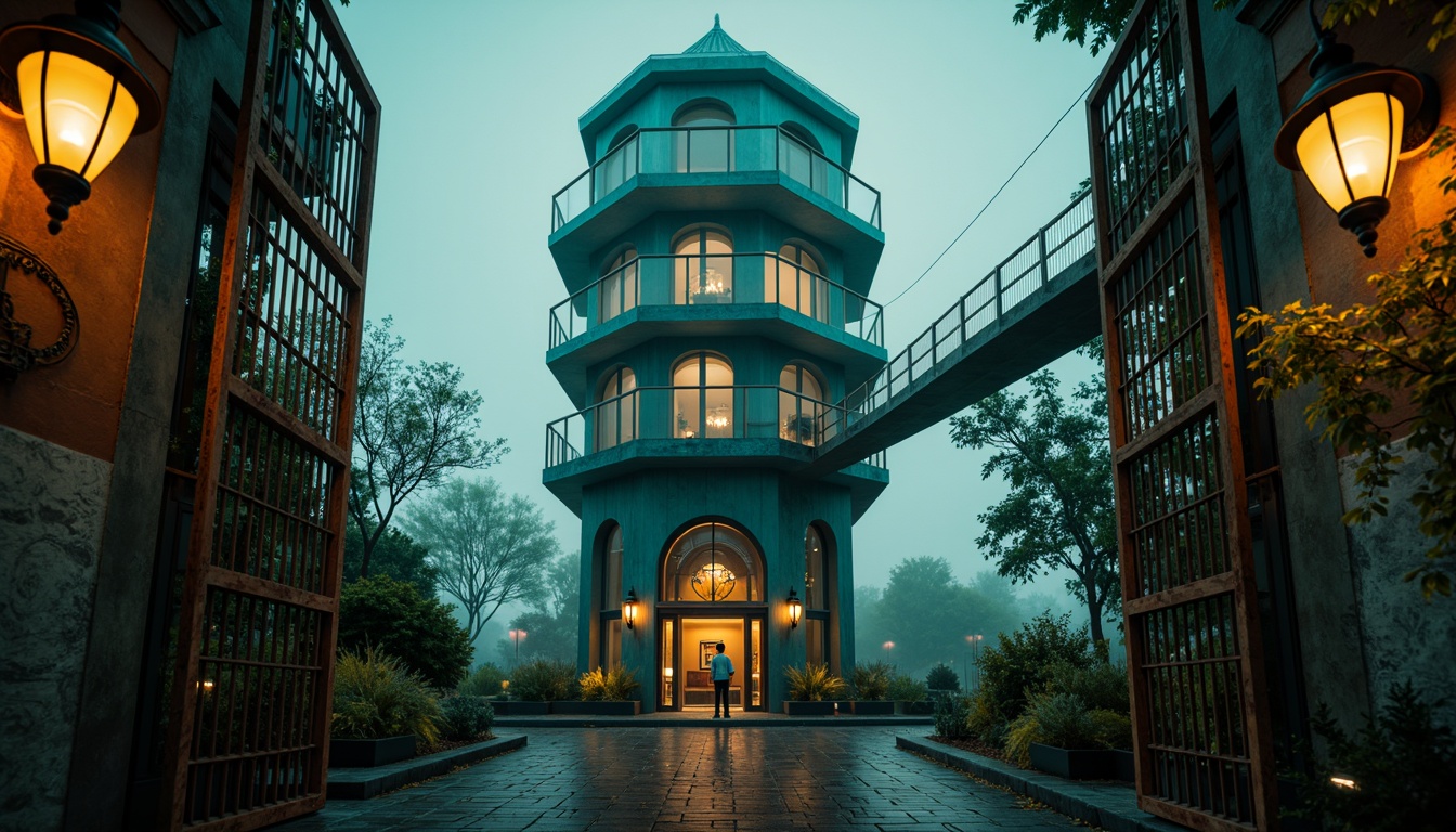 Prompt: Moody watching tower, bold Art Deco accents, distressed stone walls, rusty metal gates, mystical lanterns, eerie foggy atmosphere, warm golden lighting, deep shadows, cinematic composition, low-angle shot, vibrant color palette, rich turquoise, burnt orange, mossy green, weathered wood textures, ornate ironwork details, misty rainy day, dramatic cloudscape.