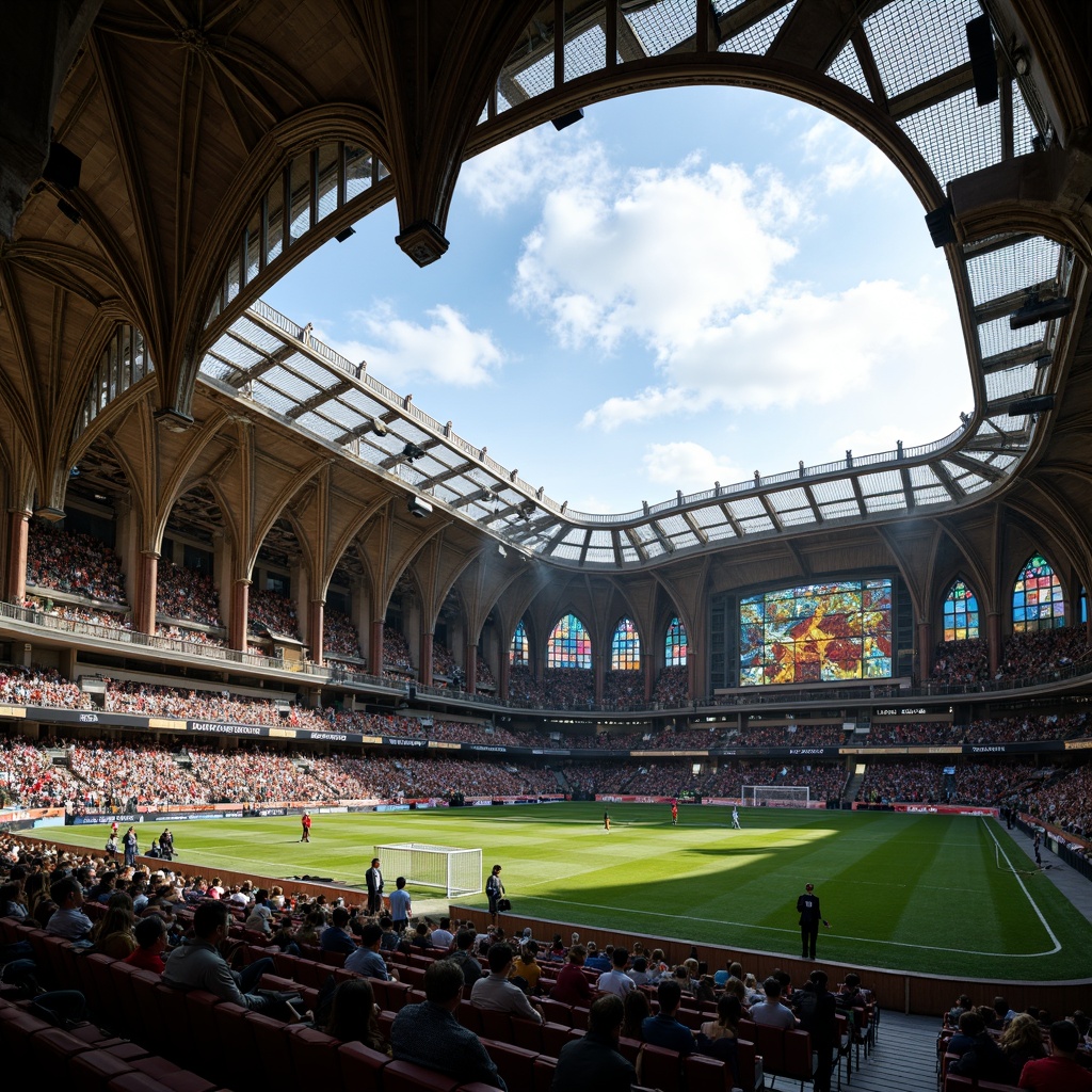 Prompt: Gothic soccer stadium, grandiose arches, ribbed vaults, flying buttresses, intricate stone carvings, vibrant stained glass windows, medieval-inspired architecture, modern steel roof structure, asymmetrical design, cantilevered canopies, sleek metal beams, transparent roofing materials, natural light illumination, dramatic shadows, 3/4 composition, low-angle shot, cinematic atmosphere, detailed textures, ambient occlusion.