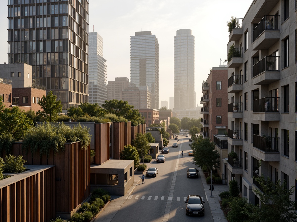 Prompt: Weathered concrete facades, industrial metal beams, reclaimed wood accents, urban rooftop gardens, lush green walls, modern skyscrapers, bustling city streets, morning fog, soft warm lighting, shallow depth of field, 1/1 composition, realistic textures, ambient occlusion.