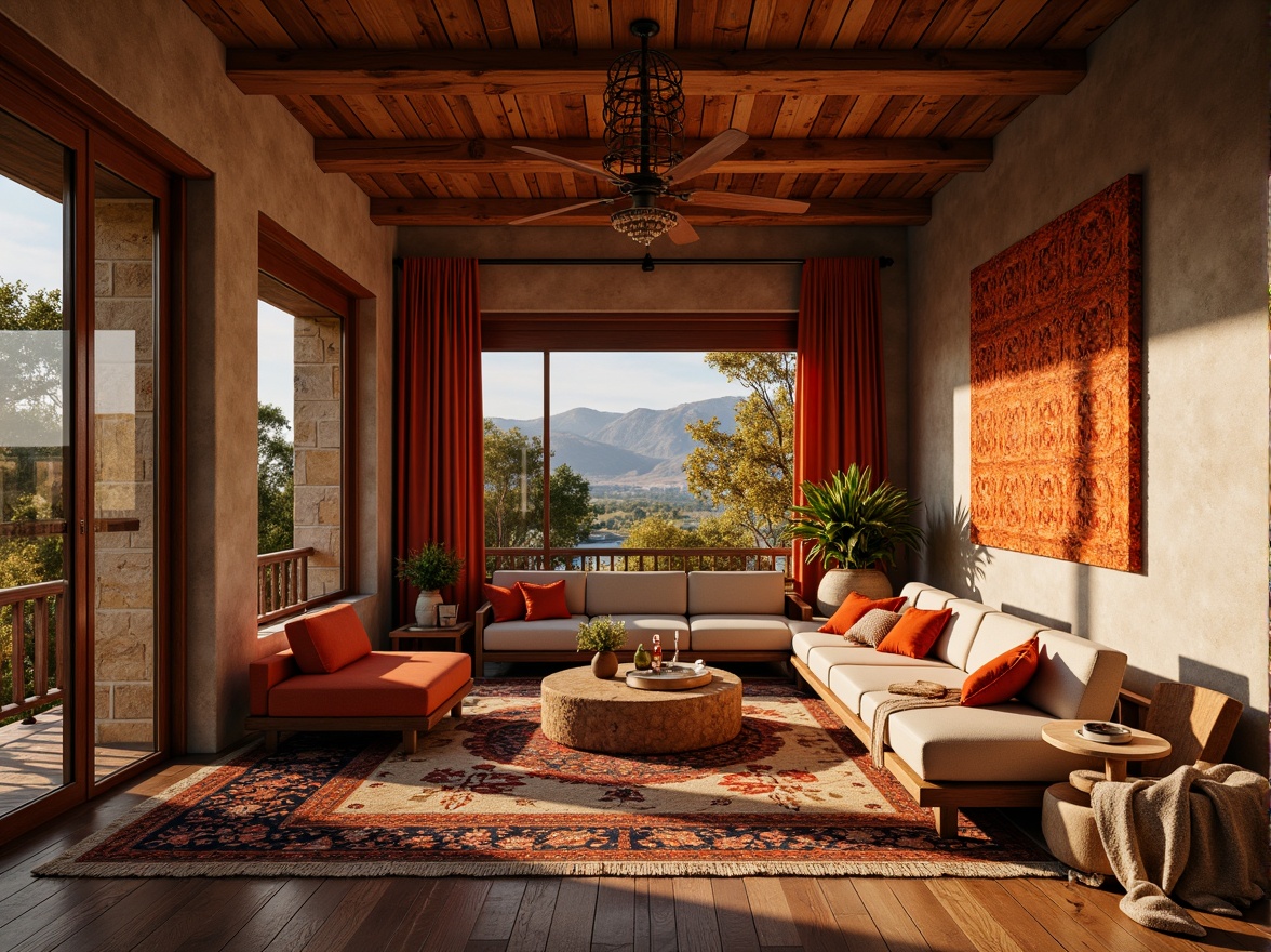 Prompt: Warm persimmon hues, earthy tones, vibrant orange accents, natural stone walls, wooden textures, rustic metal details, cozy atmospheric lighting, soft shadows, intimate spaces, organic forms, curvaceous lines, eclectic patterns, bohemian-inspired decor, richly colored tapestries, plush furnishings, autumnal landscapes, scenic views, warm sunny days, gentle breeze, 1/2 composition, shallow depth of field, realistic renderings.