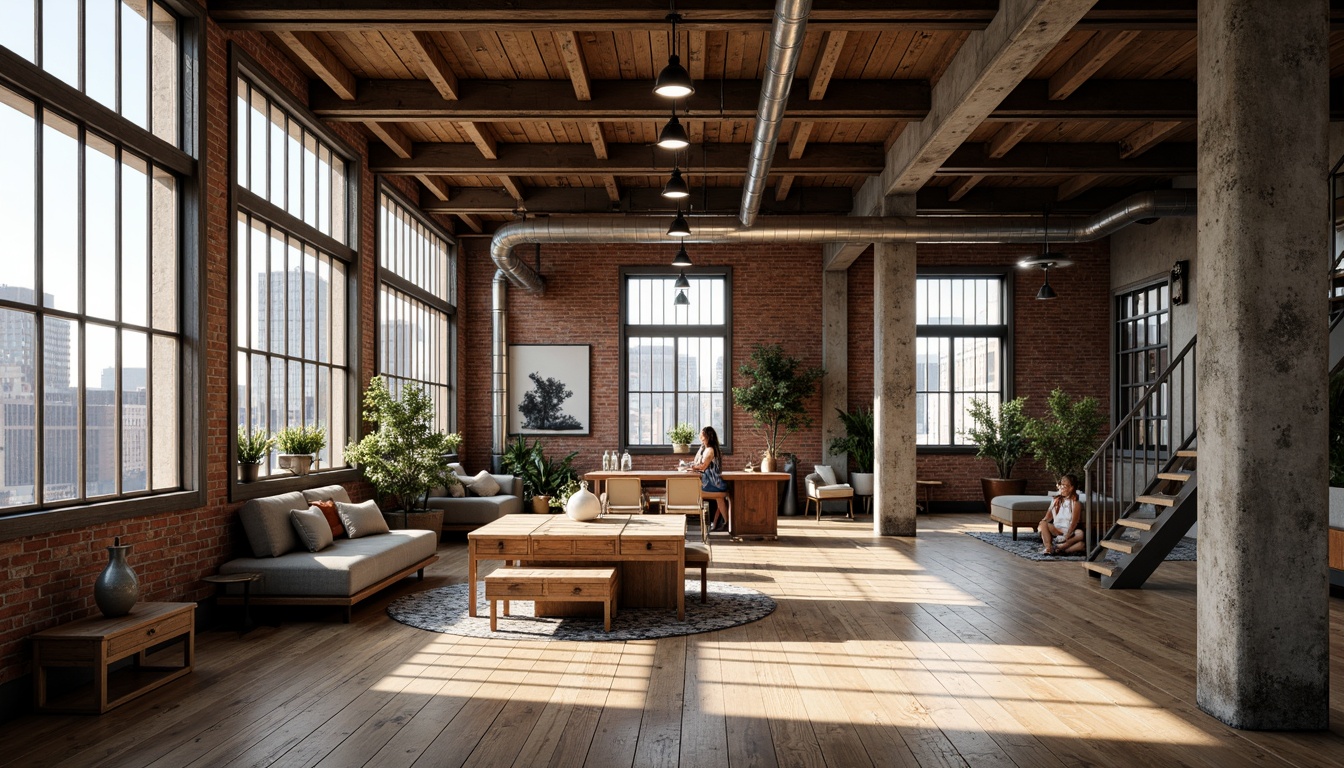 Prompt: Industrial chic loft space, exposed brick walls, metal beams, wooden floorboards, high ceilings, large windows, natural light, urban cityscape views, modern minimalist decor, distressed finishes, reclaimed wood accents, industrial-style lighting fixtures, metal staircases, open-plan living areas, functional pipes and ductwork, concrete columns, raw unfinished textures, dramatic shadows, low-key warm lighting, 1/1 composition, shallow depth of field, realistic rendering.