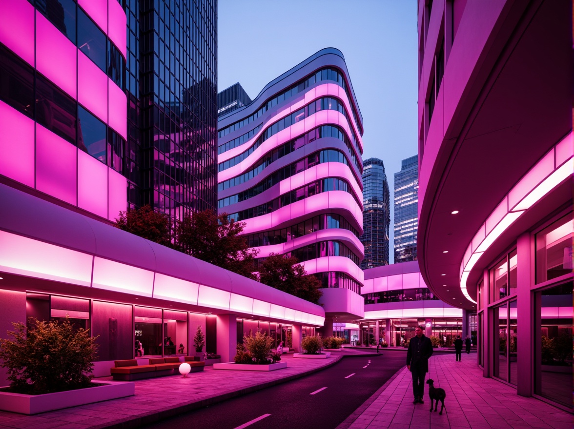 Prompt: Vibrant magenta buildings, curvaceous lines, neon-lit accents, futuristic architecture, metallic materials, glossy surfaces, iridescent glass facades, gradient color transitions, bold geometric patterns, abstract shapes, urban cityscape, evening twilight atmosphere, dramatic backlighting, shallow depth of field, 1/1 composition, cinematic view, realistic reflections, ambient occlusion.