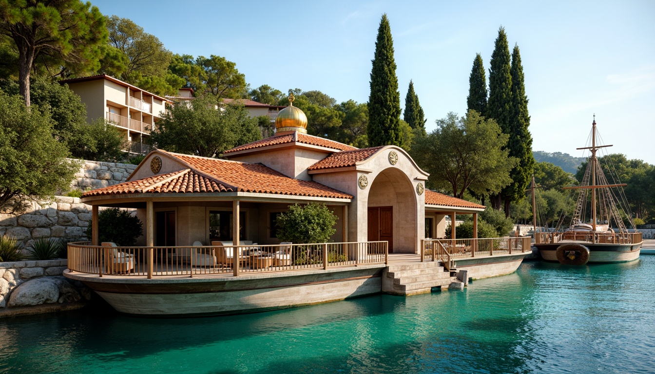 Prompt: Byzantine-style boathouse, curved tile roofs, golden domes, intricate stone carvings, ornate wooden doors, turquoise waters, lush greenery, majestic cypress trees, warm sunny day, soft natural lighting, shallow depth of field, 3/4 composition, panoramic view, realistic water reflections, ambient occlusion, rustic wooden decks, nautical ropes, sailboat-inspired design elements, Mediterranean color palette, earthy tones, ornate metal railings.