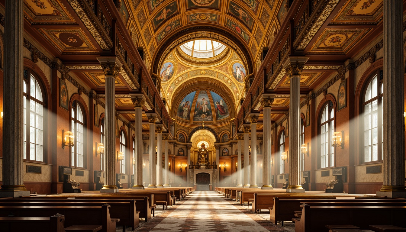 Prompt: Intricate arches, ornate carvings, golden mosaics, grand domes, richly textured stonework, Byzantine-inspired frescoes, vibrant apse decorations, elegant columns, ornamental capitals, majestic vaulted ceilings, warm golden lighting, soft atmospheric haze, shallow depth of field, 2/3 composition, symmetrical framing, realistic stone textures, ambient occlusion.