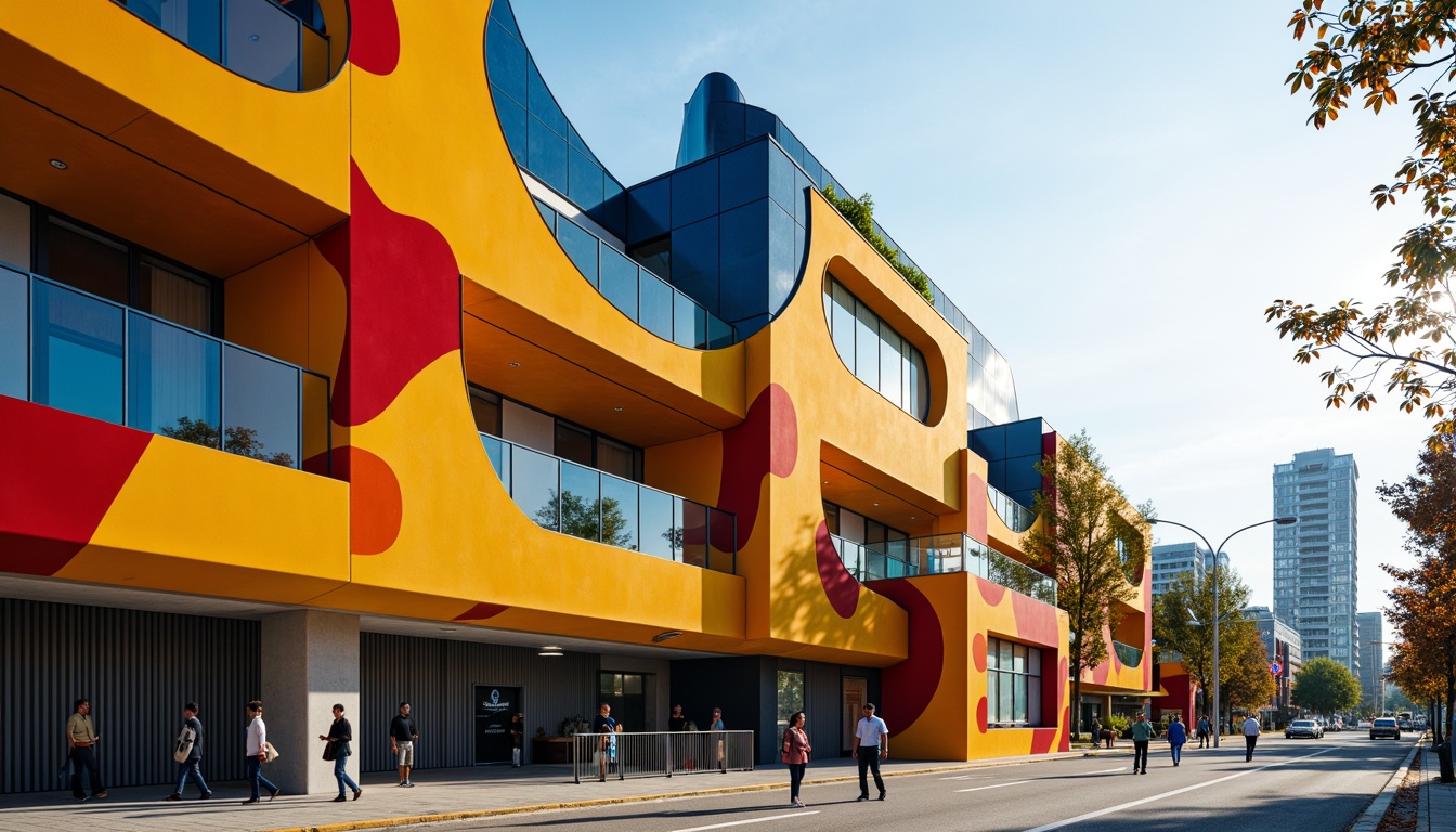 Prompt: Vibrant gymnasium facade, dynamic curves, bold angular lines, expressionist architecture, bright pop of colors, contrasting textures, metallic materials, glass accents, asymmetrical compositions, abstract patterns, futuristic vibes, urban cityscape, morning sunlight, soft shadows, 1/1 composition, shallow depth of field, high-contrast lighting, realistic reflections, ambient occlusion.