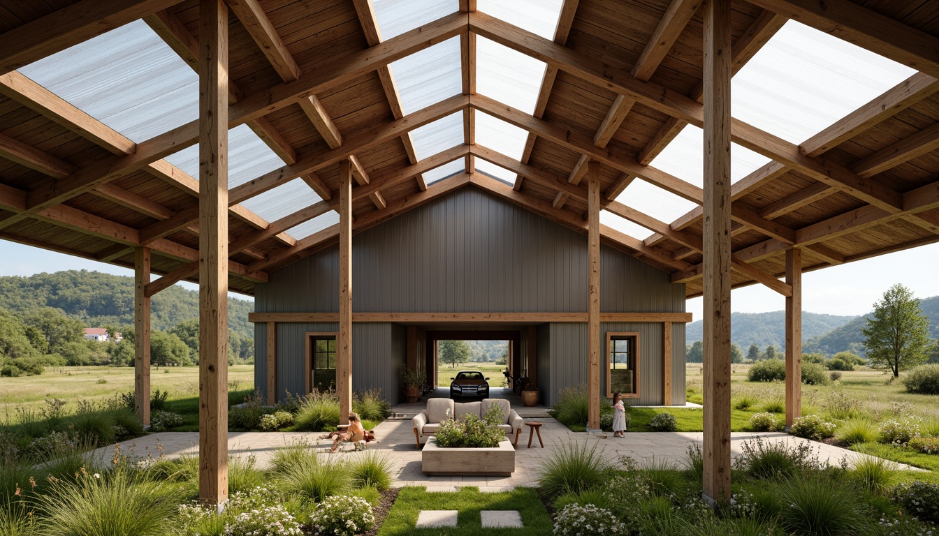 Prompt: Rustic barn, wooden beams, exposed rafters, modern roof trusses, steel reinforcements, corrugated metal cladding, translucent roofing materials, clerestory windows, natural light infiltration, wooden accents, earthy tones, rural landscape, rolling hills, green pastures, wildflowers, sunny afternoon, soft diffused lighting, 1/1 composition, symmetrical framing, realistic textures, ambient occlusion.