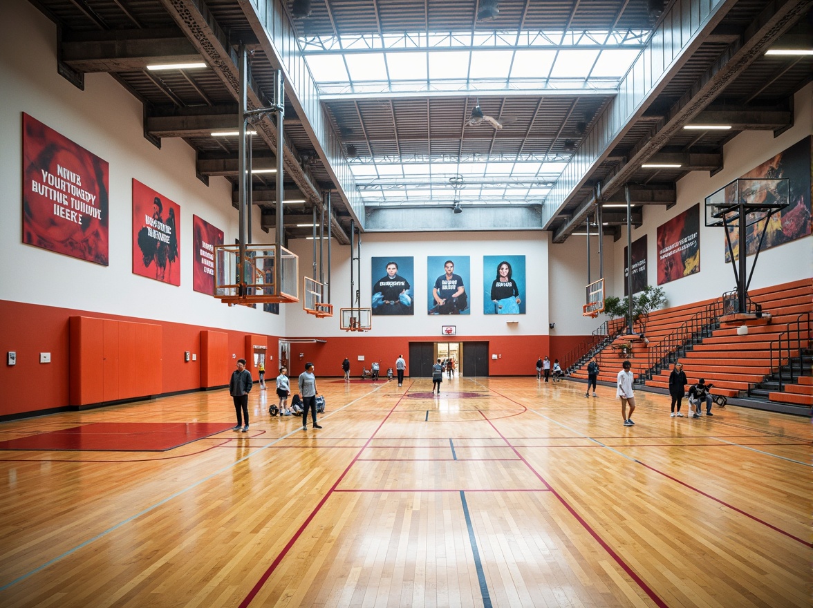 Prompt: Vibrant gymnasium interior, dynamic athletic equipment, suspended basketball hoops, polished wooden floors, natural light pouring through clerestory windows, modern LED lighting, steel beams, open space planning, flexible seating arrangements, motivational quotes on walls, trophy displays, sound-absorbing materials, acoustic panels, echo-reducing design, 3/4 composition, shallow depth of field, panoramic view, realistic textures, ambient occlusion.