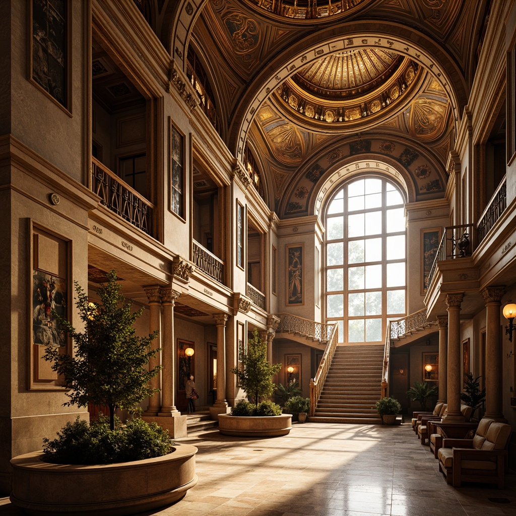 Prompt: Intricate arches, ornate carvings, golden mosaics, Byzantine-inspired columns, grand dome structures, vibrant frescoes, ornamental capitals, lavish decorations, rich marble floors, grandiose staircases, majestic entranceways, soft warm lighting, shallow depth of field, 1/2 composition, realistic textures, ambient occlusion, atmospheric perspective.