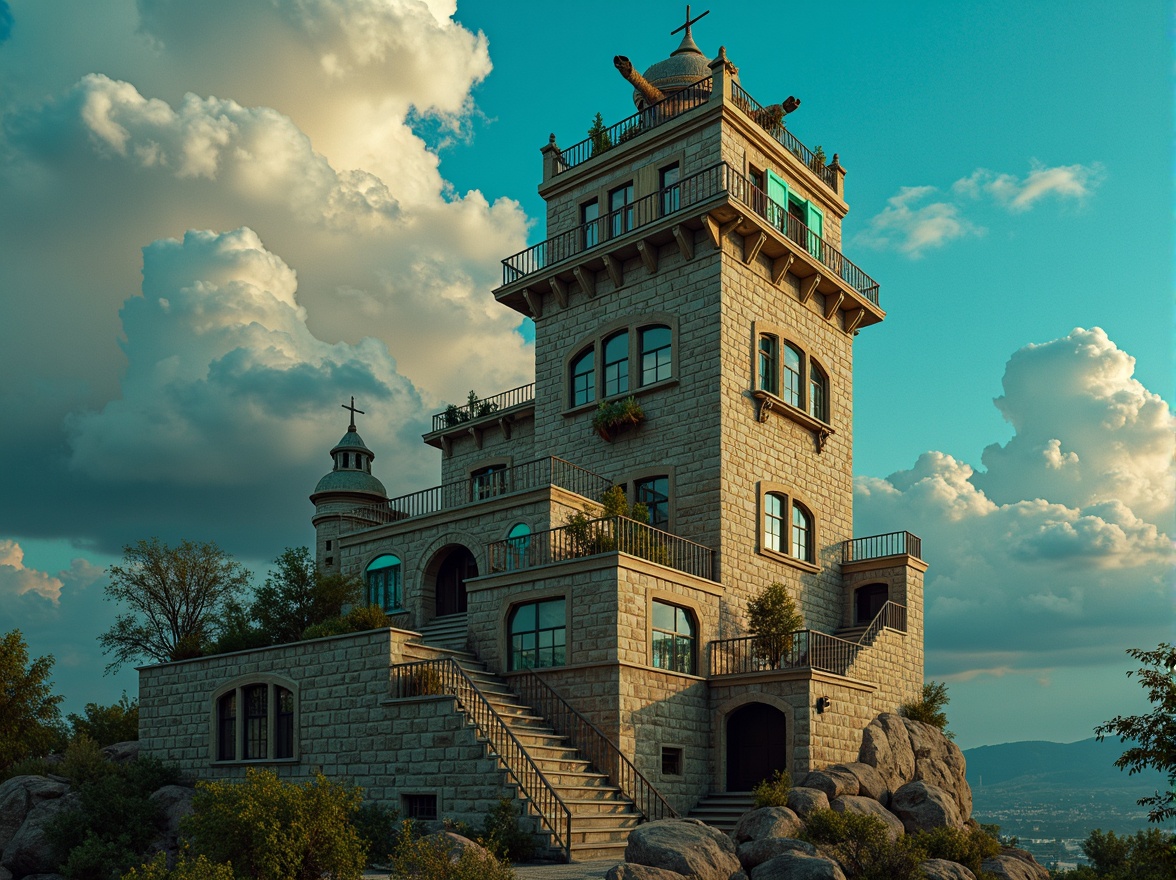 Prompt: Weathered stone tower, mystical aura, whimsical architecture, dreamy clouds, vibrant turquoise accents, rich gold details, warm beige stonework, mysterious lanterns, winding staircases, ornate metalwork, expressive brushstrokes, bold color contrasts, abstract textures, cinematic lighting, low-key shadows, dramatic silhouettes, 1/2 composition, atmospheric perspective, impressionist colors.