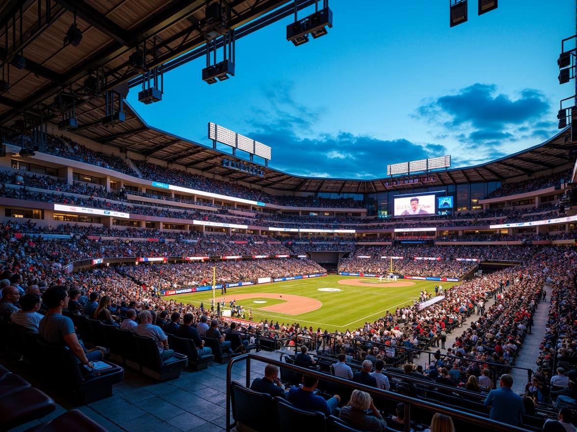 Prompt: Stadium seating, tiered stands, vibrant crowd, electric atmosphere, comfortable chairs, ample legroom, optimized sightlines, unobstructed views, premium VIP areas, luxurious amenities, futuristic architecture, sleek metal railings, bold color schemes, dynamic lighting systems, panoramic views, shallow depth of field, 3/4 composition, realistic textures, ambient occlusion.