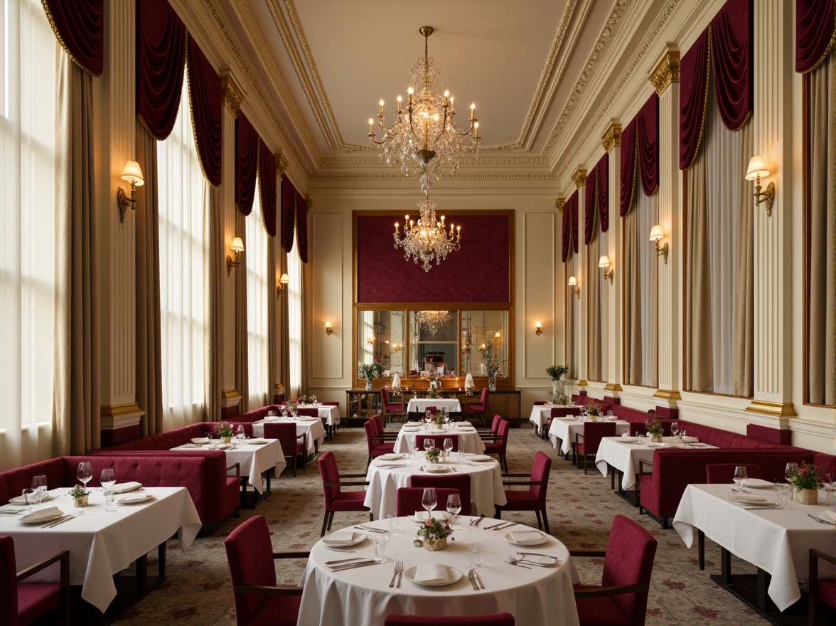 Prompt: Elegant restaurant interior, cream-colored walls, rich wood accents, ornate moldings, crystal chandeliers, velvet drapes, luxurious fabrics, subtle gold leafing, soft warm lighting, intimate ambiance, classical proportions, symmetrical compositions, refined textures, subtle patterned rugs, sophisticated color palette, muted earth tones, soothing beige shades, calming ivory hues, dramatic accent walls, bold red wine colors, deep rich wood tones, warm golden lighting, 1/2 composition, realistic reflections.