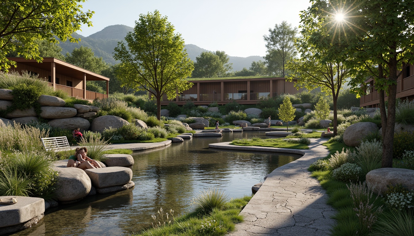 Prompt: Seamless landscape integration, organic curves, natural stone walls, lush green roofs, native plant species, meandering pathways, wooden bridges, serene water features, rippling ponds, gentle streams, rustic benches, reclaimed wood accents, earthy color palette, soft diffused lighting, shallow depth of field, 2/3 composition, atmospheric perspective, realistic textures, ambient occlusion.