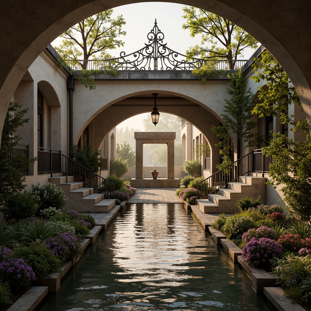 Prompt: Intricate ironwork, flowing organic lines, ornate lamp posts, sinuous railings, majestic arches, decorative keystones, grand entranceways, rusticated stone piers, verdant greenery, blooming flowers, rippling water reflections, warm golden lighting, soft misty atmosphere, 1/1 composition, dramatic shadows, realistic textures, ambient occlusion.