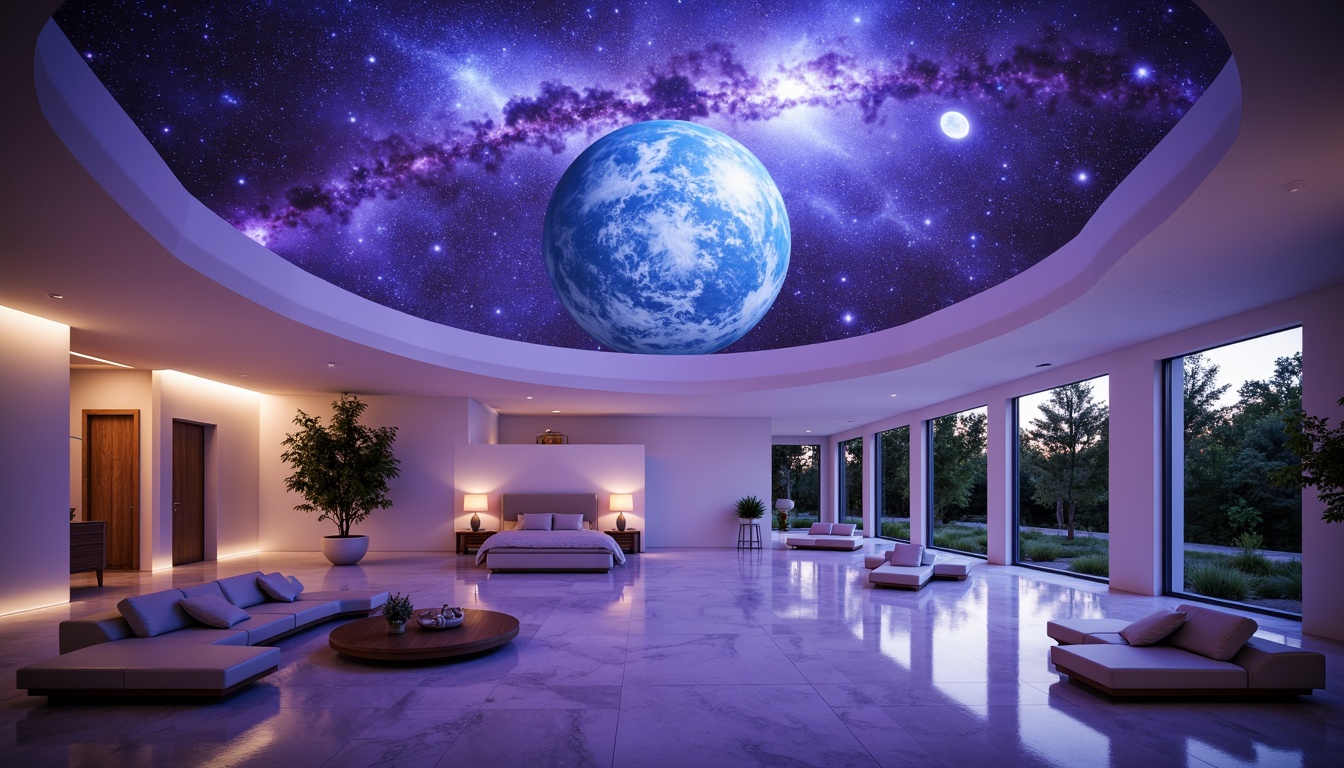 Prompt: Celestial-themed planetarium homes, futuristic domed roofs, starry night sky projections, ambient soft glow lighting, airy open spaces, minimalist interior design, sleek metallic accents, polished marble floors, floor-to-ceiling windows, panoramic views, curved lines, geometric shapes, 3D projection systems, immersive experiences, cozy reading nooks, plush furnishings, vibrant purple and blue hues, subtle texture details, shallow depth of field, realistic renderings.