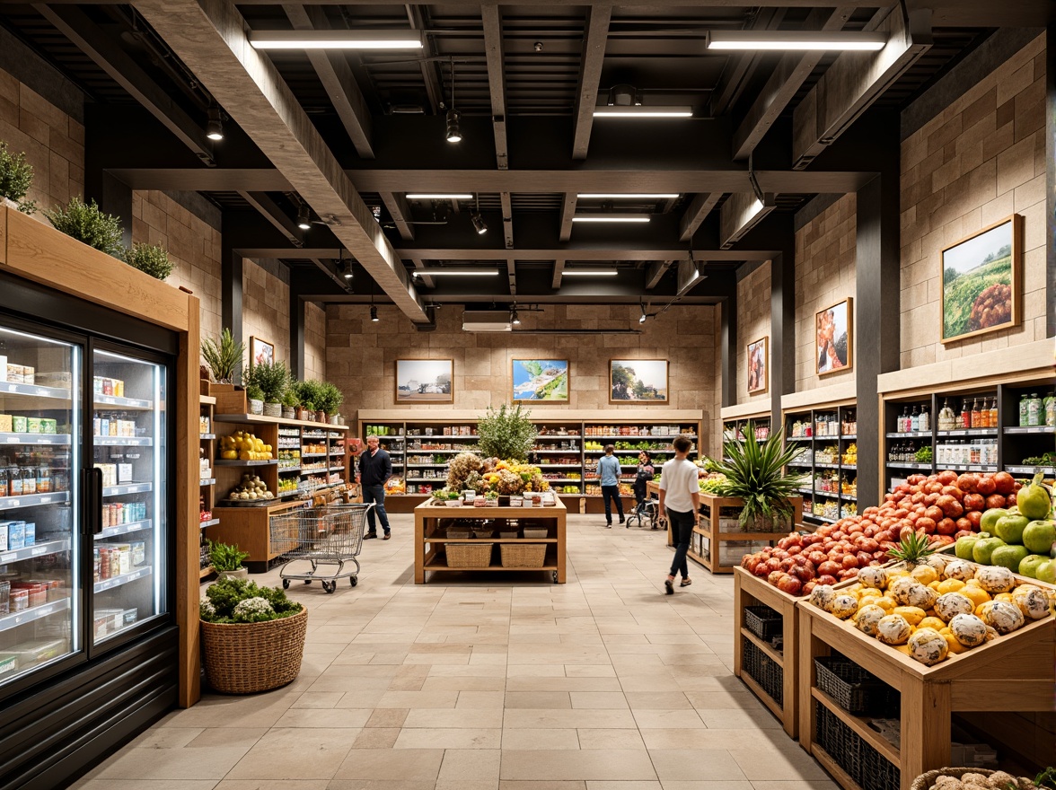 Prompt: Vibrant grocery store interior, polished marble floors, rustic wooden shelves, glass refrigeration units, metallic shopping carts, colorful product packaging, natural stone walls, modern LED lighting, high ceilings, industrial steel beams, earthy tone color scheme, abundance of fresh produce, lively atmosphere, shallow depth of field, 1/2 composition, realistic textures, ambient occlusion.