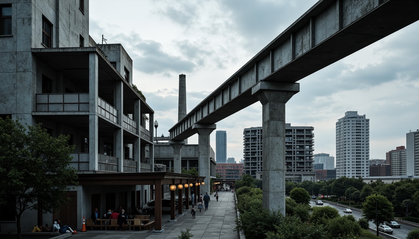 Prompt: Industrial landscape, metallic sheen, steel beams, reinforced columns, angular lines, modern architectural design, urban cityscape, cloudy sky, dramatic lighting, strong contrast, 3/4 composition, realistic textures, ambient occlusion, brutalist aesthetic, functional minimalism, raw concrete surfaces, exposed ductwork, mechanical equipment, industrial pipes, steel mesh panels, cantilevered roofs, asymmetrical forms.