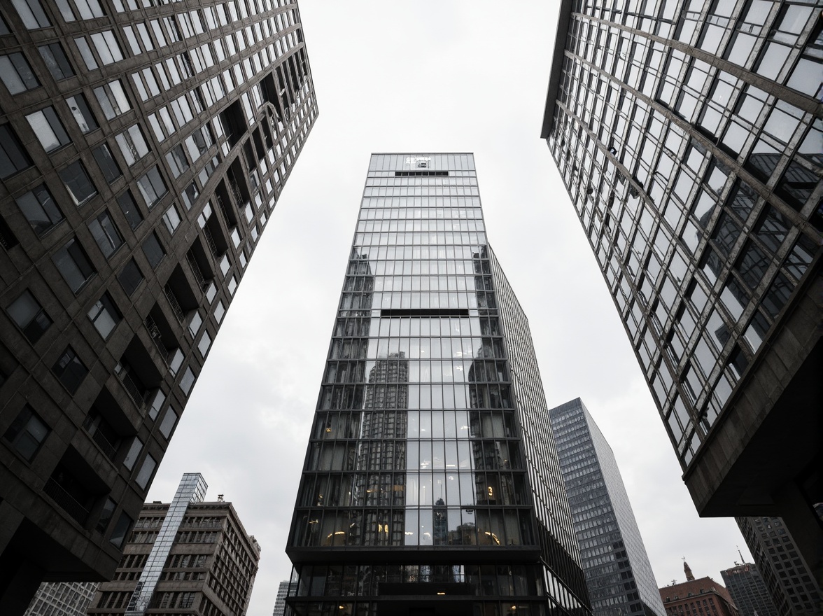 Prompt: Monochromatic skyscrapers, sleek metallic towers, glass fa\u00e7ades, minimalist aesthetic, bold angular lines, neutral color palette, industrial materials, concrete textures, urban cityscape, cloudy grey sky, dramatic backlighting, high contrast shadows, 1/1 composition, symmetrical framing, modernist architecture, Art Deco inspirations, geometric patterns, abstract sculptures, avant-garde art installations.