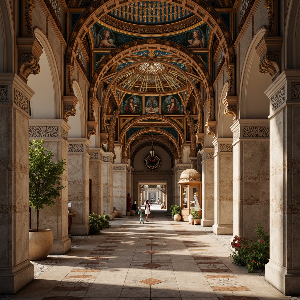 Prompt: Intricate stone carvings, ornate arches, grand domed structures, richly decorated columns, vibrant mosaics, golden accents, majestic entranceways, ornamental capitals, elaborate friezes, rustic stone walls, warm earthy tones, soft natural lighting, atmospheric perspective, 1/2 composition, symmetrical framing, realistic textures, ambient occlusion.