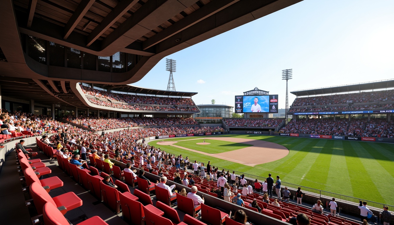 Prompt: \Stadium seating area, tiered rows, comfortable chairs, vibrant team colors, clear sightlines, optimal viewing angles, atmospheric lighting, gentle breeze, lush green outfield, modern scoreboard, sleek concession stands, bustling crowd, excited fans, sunny day, shallow depth of field, 1/2 composition, realistic textures, ambient occlusion.\