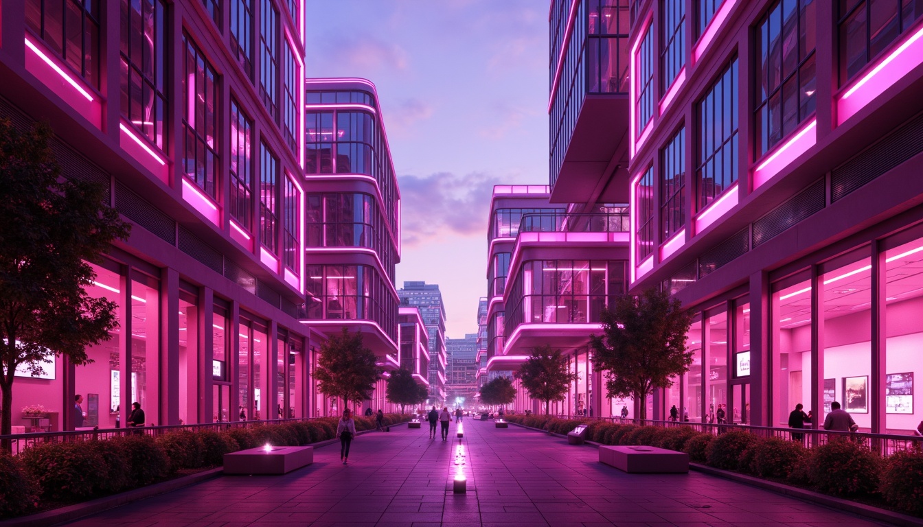 Prompt: Vibrant magenta buildings, futuristic architecture design, neon-lit cityscape, glowing urban landscape, bold geometric shapes, metallic materials, iridescent glass fa\u00e7ades, dynamic color transitions, gradient effects, abstract patterns, high-tech infrastructure, cyberpunk atmosphere, dramatic shadows, low-angle photography, cinematic lighting, 1/2 composition, shallow depth of field, realistic textures.