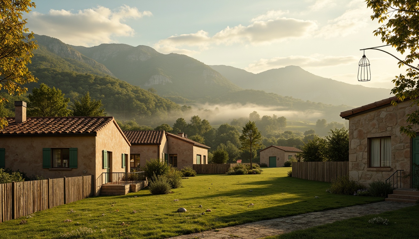 Prompt: Rustic rural landscape, rolling hills, lush green pastures, weathered wooden fences, distressed stone walls, earthy terracotta rooftops, natural wood accents, warm beige stucco, soft sage green shutters, vintage metal lanterns, whimsical wind chimes, misty morning fog, warm golden sunlight, shallow depth of field, 2/3 composition, panoramic view, realistic textures, ambient occlusion.