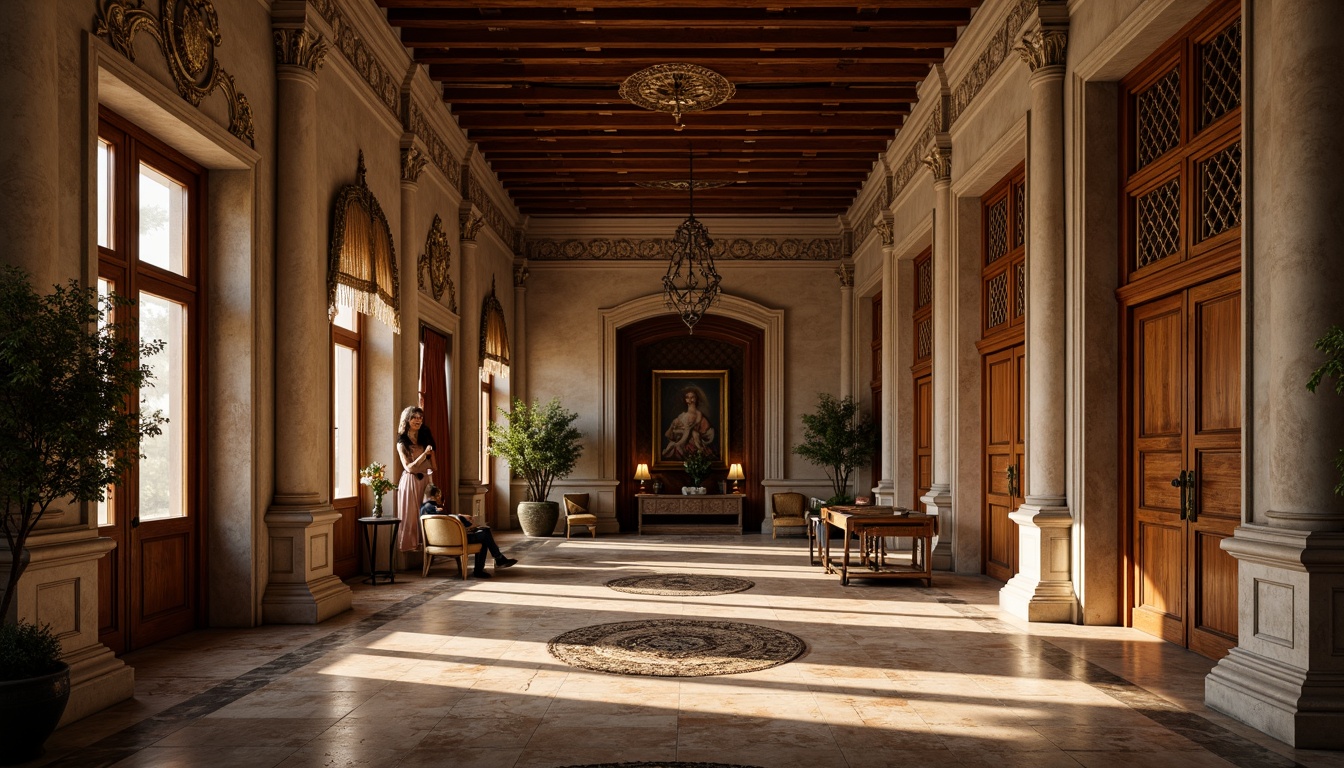 Prompt: Grand Renaissance palace, ornate stone carvings, rustic brick walls, glazed terracotta tiles, polished marble floors, intricately carved wooden doors, gilded bronze hardware, velvet drapes, rich tapestries, warm golden lighting, subtle chiaroscuro, atmospheric perspective, symmetrical composition, realistic textures, ambient occlusion.