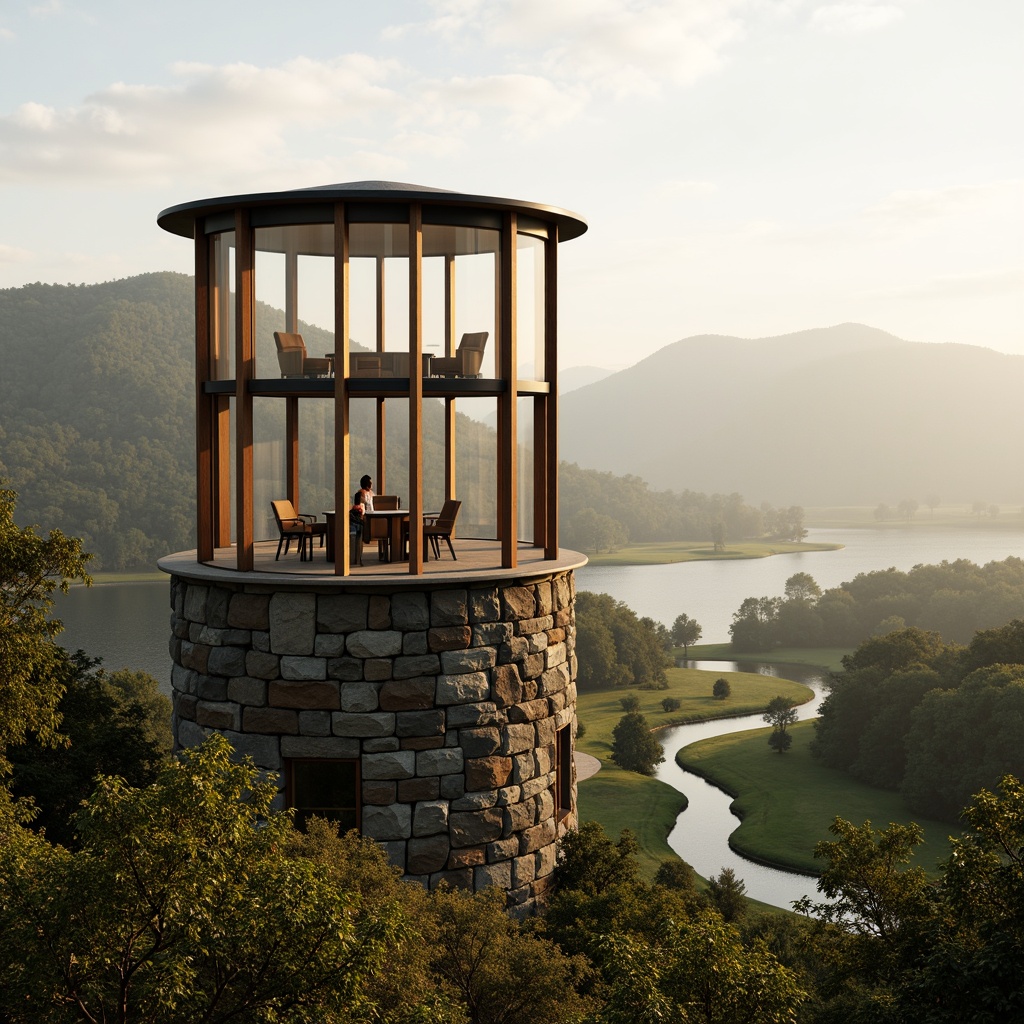 Prompt: Scenic viewing tower, harmonious landscape integration, natural stone foundation, wooden accents, curved lines, minimalist design, expansive glass windows, panoramic views, surrounding lush greenery, rolling hills, serene lake, misty morning atmosphere, warm golden lighting, soft focus effect, shallow depth of field, 2/3 composition, symmetrical balance, realistic textures, ambient occlusion.