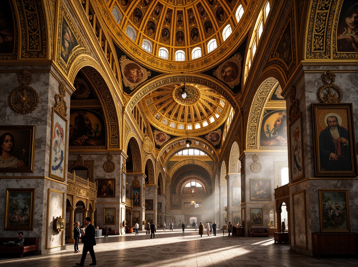 Prompt: Intricate mosaics, golden tesserae, ornate patterns, Byzantine architectural style, grand cathedrals, vaulted ceilings, domed structures, luxurious interiors, rich textiles, ornamental furnishings, symbolic icons, vibrant colors, shimmering light, high-contrast shading, dramatic spotlights, atmospheric perspective, 1/2 composition, low-angle shot, realistic reflections.