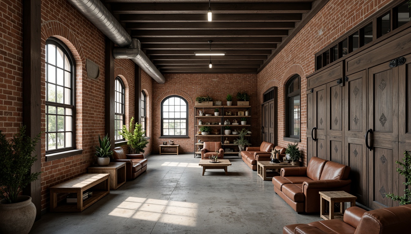 Prompt: Rustic warehouse, exposed brick walls, steel beams, wooden crates, industrial metal doors, concrete floors, distressed wood accents, vintage factory windows, ornate ironwork, worn leather furnishings, reclaimed wood shelving, earthy color palette, warm soft lighting, shallow depth of field, 1/1 composition, realistic textures, ambient occlusion.