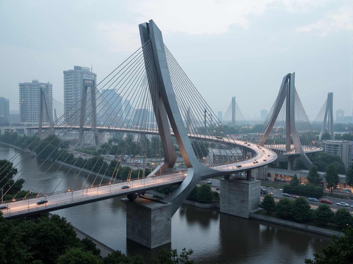 Prompt: Futuristic vehicular bridge, experimental architecture, curved lines, dynamic shapes, metallic materials, LED lighting systems, misty atmospheric effects, urban cityscape, bustling traffic, modern suspension system, sleek cable-stayed design, innovative anchorage systems, high-strength concrete piers, cantilevered roadways, pedestrian walkways, safety railings, urban landscape integration, 3/4 composition, dramatic backlighting, shallow depth of field, realistic textures, ambient occlusion.