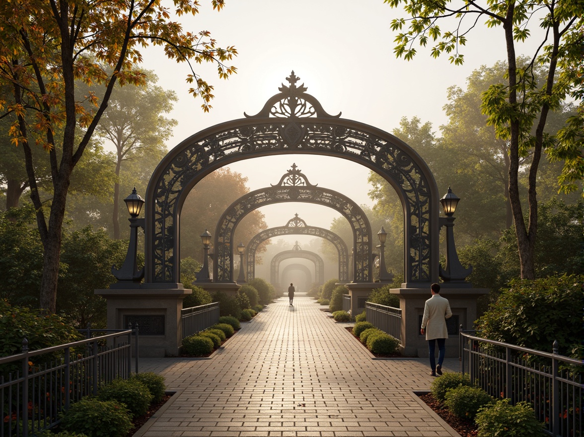 Prompt: Intricate ironwork bridges, ornate lamp posts, flowing organic lines, curved banisters, ornamental railings, botanical motifs, sinuous shapes, majestic arches, grand entrances, elegant pedestrian paths, lush greenery, vibrant flowers, misty mornings, soft warm lighting, shallow depth of field, 1/1 composition, realistic textures, ambient occlusion.