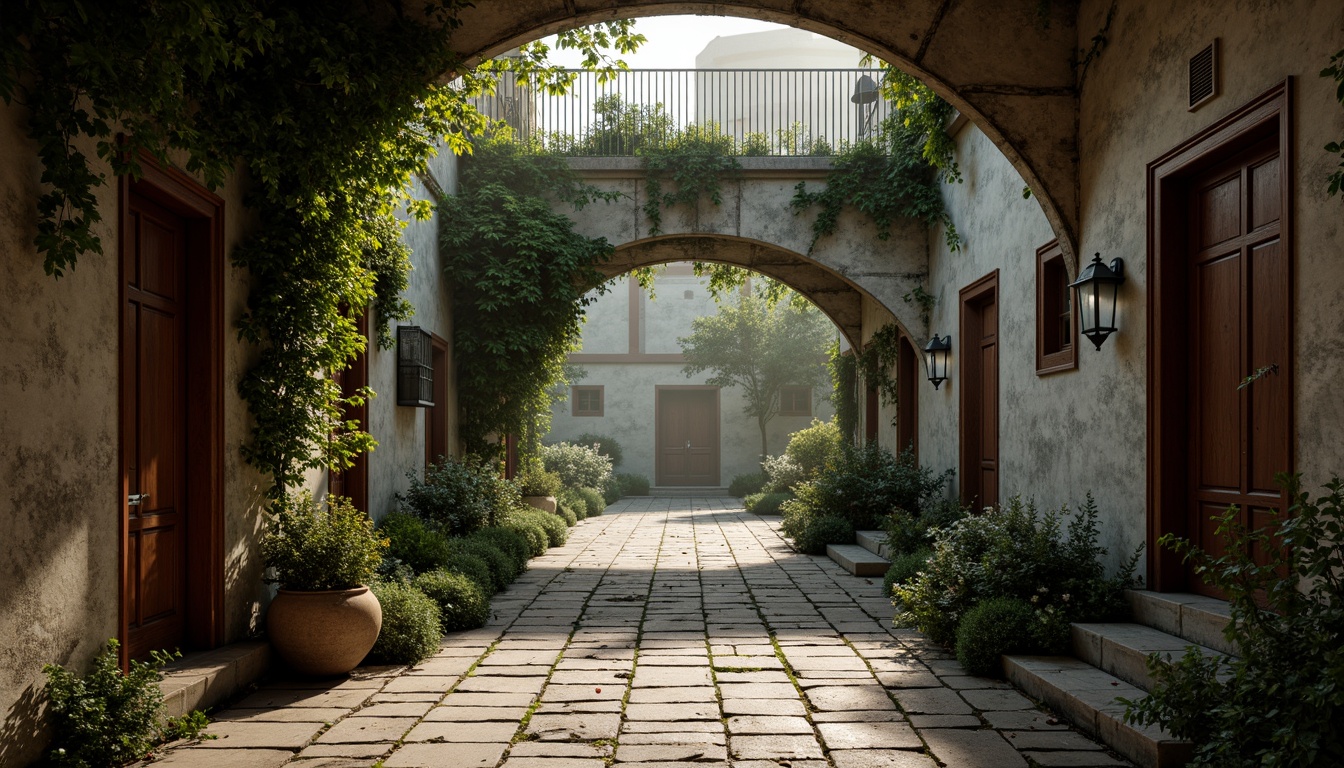 Prompt: Rustic wooden planks, distressed stone walls, ornate metal railings, flowing organic curves, verdant ivy vines, moss-covered arches, worn cobblestone roads, vintage lanterns, soft warm lighting, misty morning atmosphere, 1/1 composition, shallow depth of field, realistic textures, ambient occlusion.