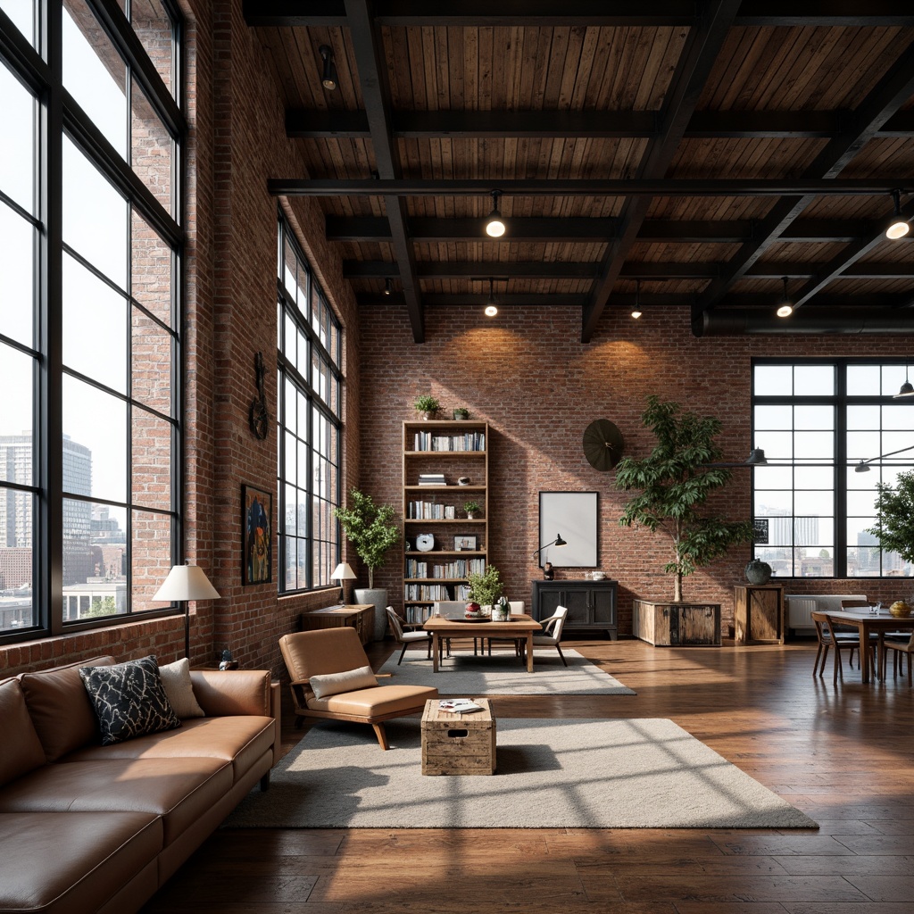 Prompt: Industrial chic loft, exposed brick walls, metal beams, wooden floors, urban landscape views, floor-to-ceiling windows, minimalist decor, modern art pieces, cozy reading nooks, built-in shelving units, reclaimed wood accents, Edison bulb lighting, industrial-style lamps, distressed concrete textures, open-plan living areas, functional pipes, rustic wooden crates, eclectic furniture mixes, natural light pouring in, shallow depth of field, 1/1 composition, realistic renderings.