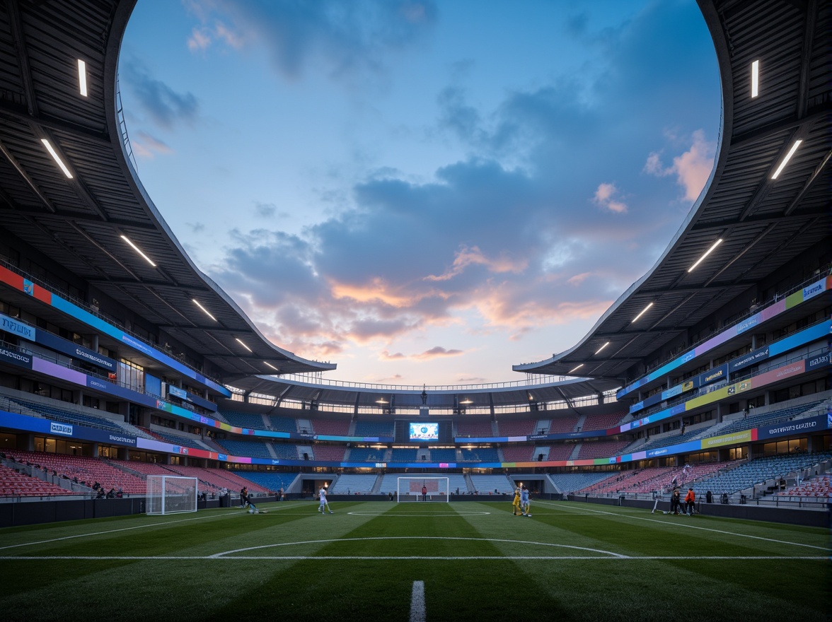 Prompt: Modern international soccer stadium, sleek curved lines, angular shapes, vast open spaces, retractable roofs, floodlights, LED strips, vibrant color-changing lights, dynamic lighting effects, dramatic shadows, high-contrast lighting ratios, 3-point lighting setups, key light sources, fill lights, backlights, spotlights, atmospheric haze, misty ambiance, evening sunset, warm golden hour, cool blue tones, futuristic architecture, minimalist design, metallic materials, concrete structures, glass facades, cantilevered roofs, grandstands, spectator seating, grassy pitches, goalposts, nets, referee areas, VIP lounges, media boxes, broadcast cameras, 1/2 composition, shallow depth of field, realistic textures, ambient occlusion.