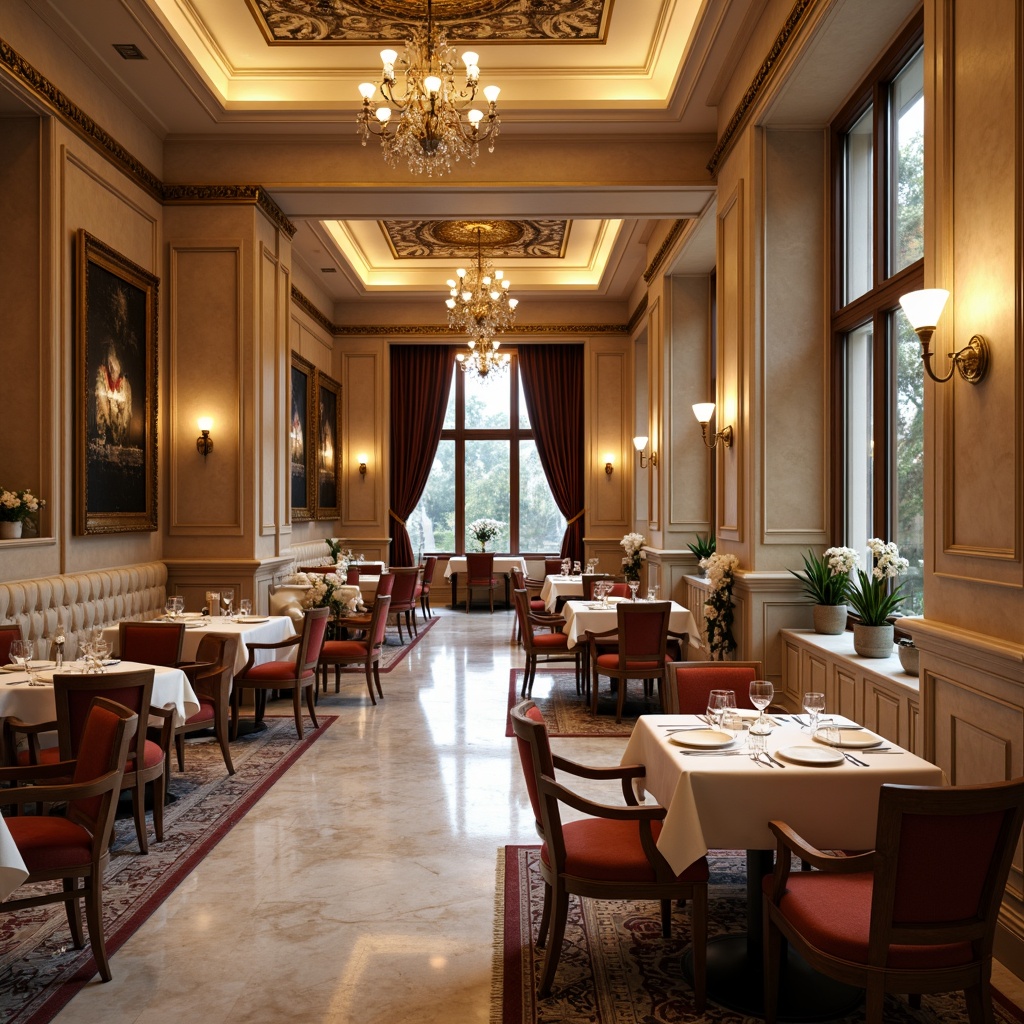 Prompt: \Elegant neoclassical restaurant interior, rich wood tones, ornate golden accents, cream-colored marble floors, intricate moldings, soft beige walls, luxurious velvet fabrics, antique bronze lighting fixtures, crystal chandeliers, refined furniture pieces, subtle patterned rugs, warm atmospheric lighting, shallow depth of field, 2/3 composition, classic proportions, realistic textures, ambient occlusion.\Let me know if this meets your requirements!