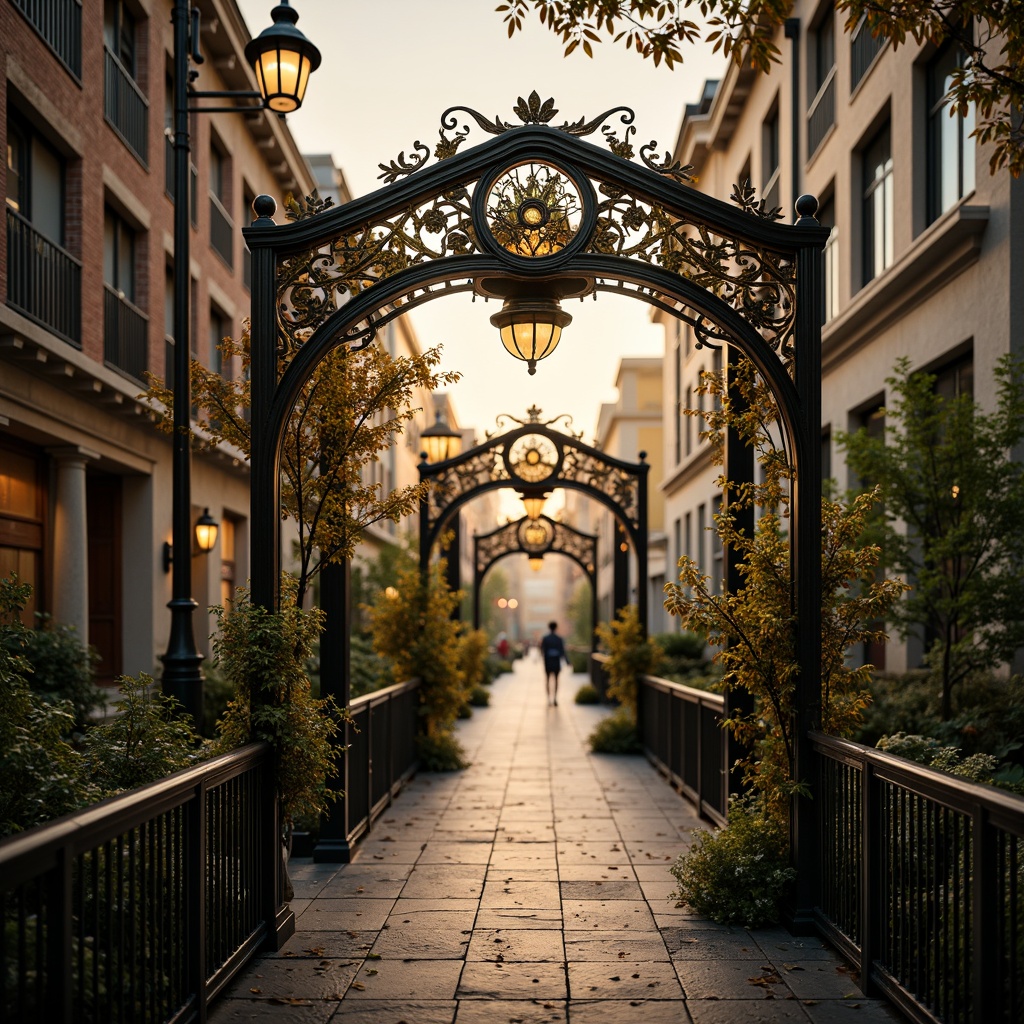 Prompt: Intricate ironwork bridges, ornate lanterns, flowing organic lines, sinuous curves, botanical motifs, stylized flowers, leaves and vines, Art Nouveau-inspired railings, grand entrance arches, decorative pedestrian walkways, warm golden lighting, soft misty atmosphere, shallow depth of field, 1/2 composition, romantic evening scene, realistic metal textures, ambient occlusion.