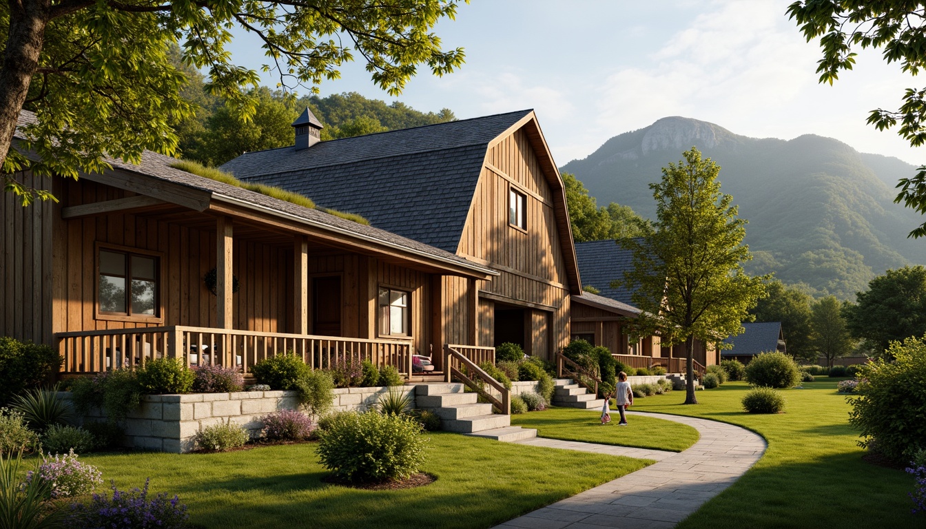 Prompt: Rustic barn, wooden accents, earthy tones, natural stone foundations, green roofs, overflowing flower boxes, vintage farm equipment, meandering pathways, lush verdant surroundings, rolling hills, serene rural landscape, warm golden lighting, soft focus, shallow depth of field, 1/2 composition, natural textures, ambient occlusion.