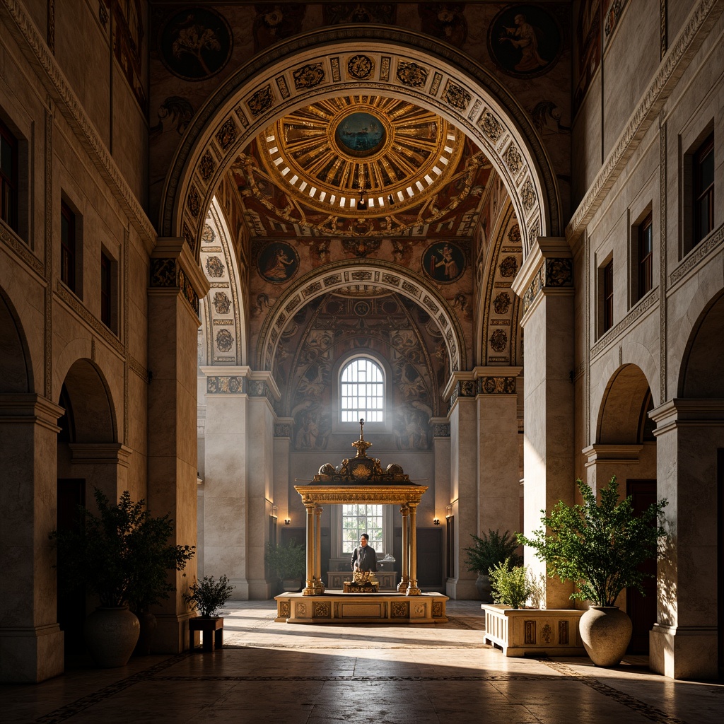 Prompt: Intricate stone carvings, ornate arches, grand domes, Byzantine-inspired mosaics, golden accents, rich marble textures, rustic stone walls, ancient Greek influences, mystical ambiance, warm candlelight, dramatic shadows, high-contrast lighting, 1/2 composition, symmetrical framing, atmospheric perspective, vivid color palette.