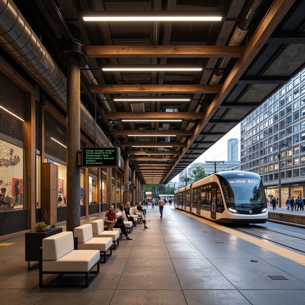 Prompt: Contemporary tram station, industrial chic aesthetic, exposed ductwork, polished concrete floors, minimalist seating, sleek metal columns, LED lighting systems, dynamic signage, urban landscape views, bustling city atmosphere, natural stone accents, reclaimed wood textures, metallic mesh screens, geometric patterned glass, cantilevered roofs, modernist architecture, angular lines, functional minimalism, warm ambient lighting, shallow depth of field, 3/4 composition, panoramic view, realistic reflections.